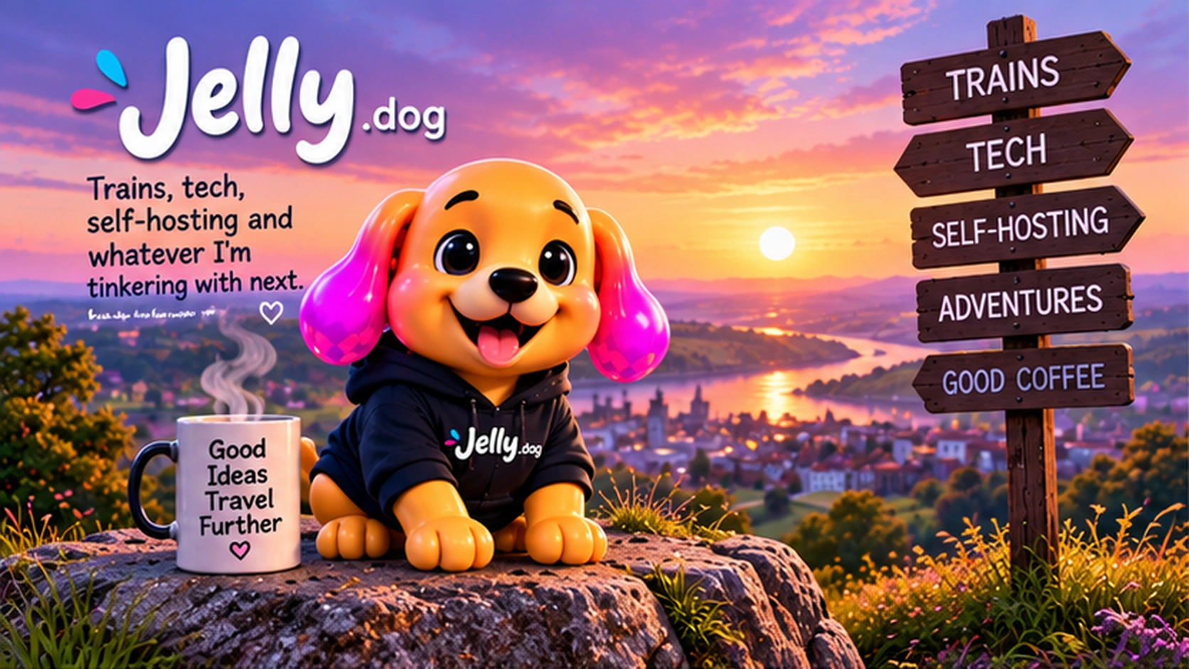 Jelly.dog overlooking a sunset landscape with signs for trains, tech, self-hosting, adventures and coffee.