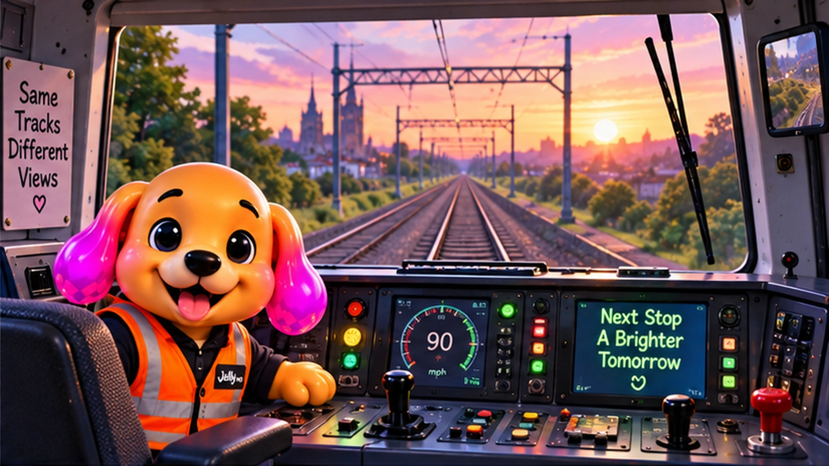 Jelly.dog in a train cab with the driving controls immediately below the forward windscreen.