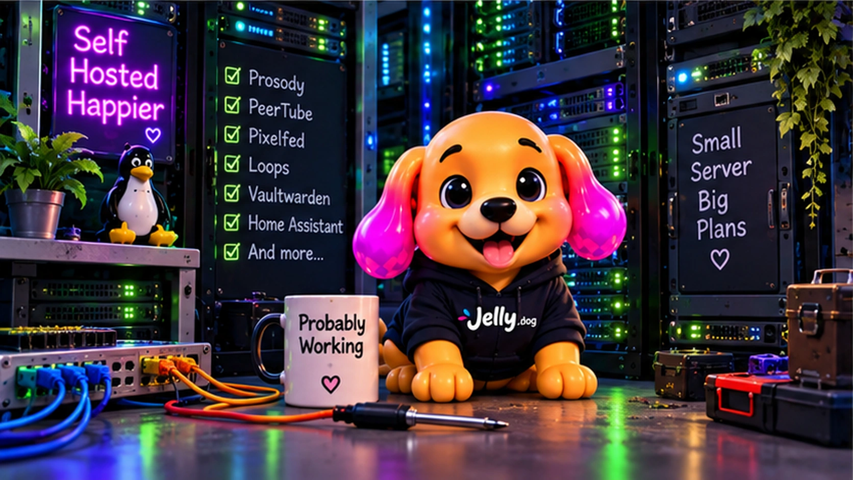 Jelly.dog in a colourful self-hosted server room.