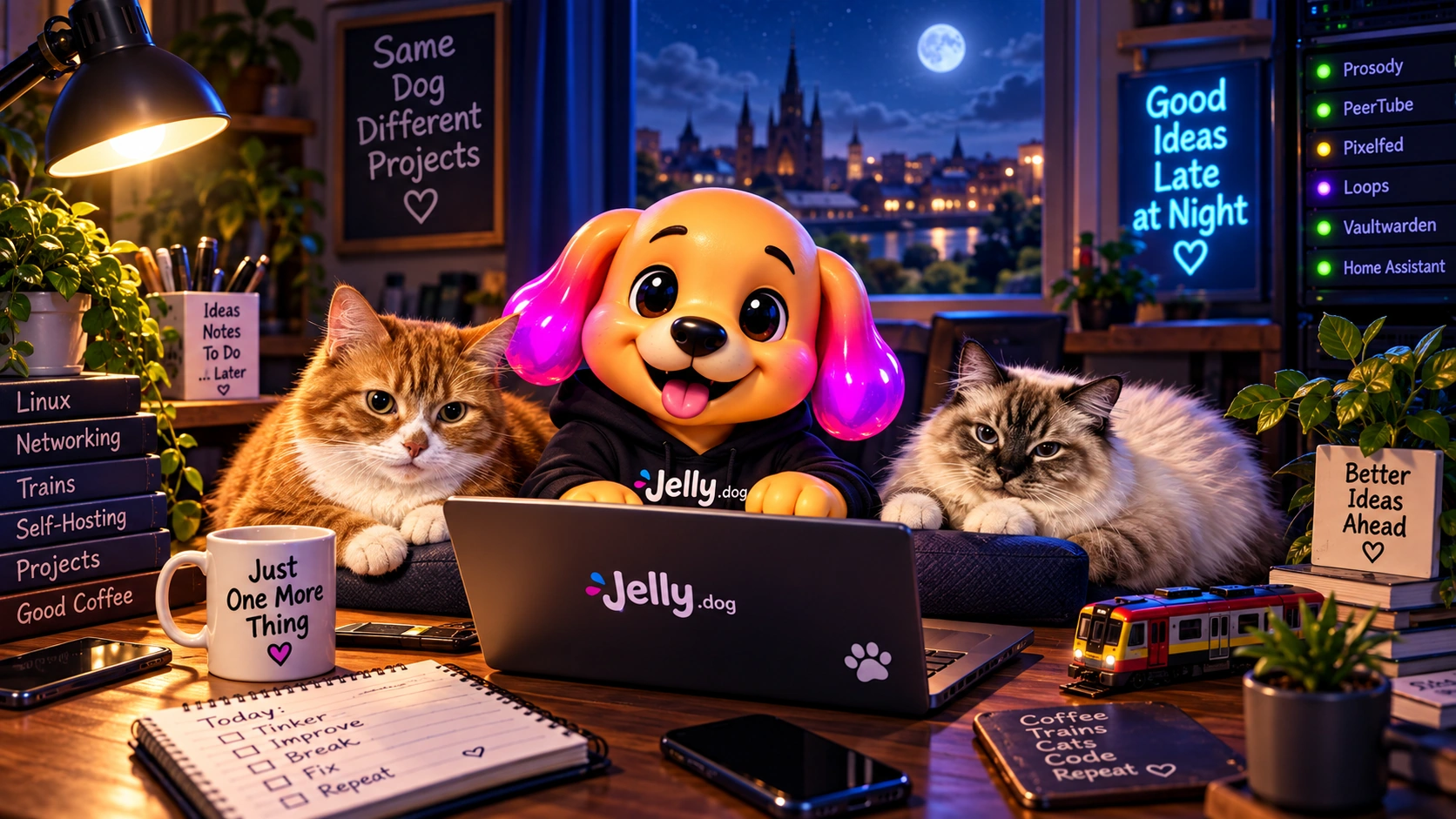 Jelly.dog tinkering at a laptop late at night with a ginger cat and a fluffy Ragdoll cat.